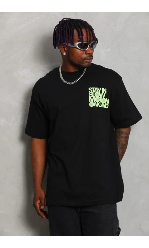 Unisex Oversize Baskılı Bisiklet Yaka T-Shirt - Siyah