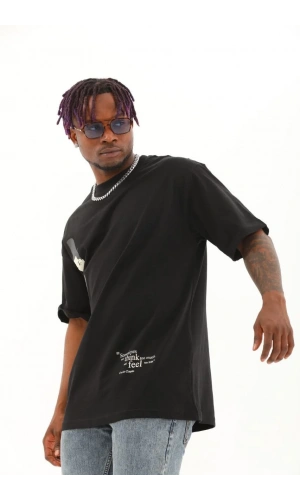 Unisex Oversize Baskılı Bisiklet Yaka T-Shirt - Siyah