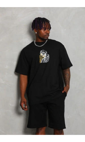 Unisex Oversize Baskılı Bisiklet Yaka T-Shirt - Siyah