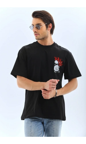 Unisex Oversize Baskılı Bisiklet Yaka T-Shirt - Siyah