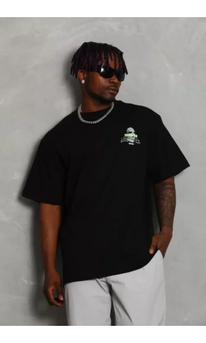 Unisex Oversize Baskılı Bisiklet Yaka T-Shirt - Siyah