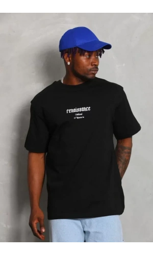 Unisex Oversize Baskılı Bisiklet Yaka T-Shirt - Siyah