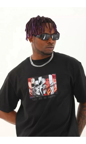 Unisex Oversize Baskılı Bisiklet Yaka T-Shirt - Siyah