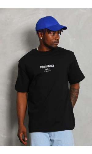 Unisex Oversize Baskılı Bisiklet Yaka T-Shirt - Siyah