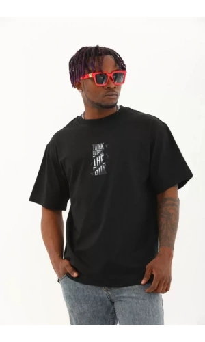 Unisex Oversize Baskılı Bisiklet Yaka T-Shirt - Siyah