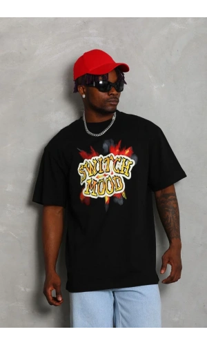 Unisex Oversize Baskılı Bisiklet Yaka T-Shirt - Siyah