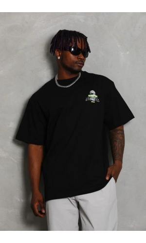 Unisex Oversize Baskılı Bisiklet Yaka T-Shirt - Siyah