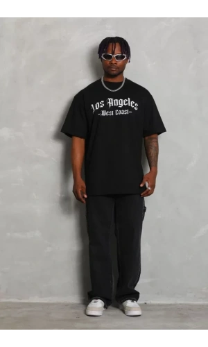 Unisex Oversize Baskılı Bisiklet Yaka T-Shirt - Siyah