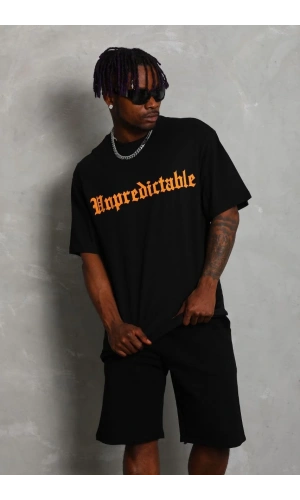 Unisex Oversize Baskılı Bisiklet Yaka T-Shirt - Siyah