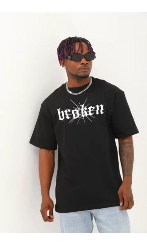 Unisex Oversize Baskılı Bisiklet Yaka T-Shirt - Siyah