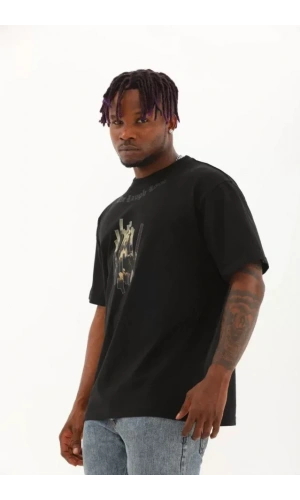 Unisex Oversize Baskılı Bisiklet Yaka T-Shirt - Siyah