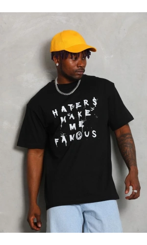 Unisex Oversize Baskılı Bisiklet Yaka T-Shirt - Siyah