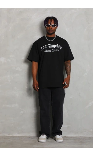 Unisex Oversize Baskılı Bisiklet Yaka T-Shirt - Siyah