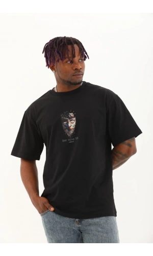 Unisex Oversize Baskılı Bisiklet Yaka T-Shirt - Siyah