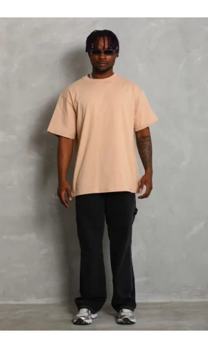 Unisex Oversize Düz Bisiklet Yaka T-Shirt - Bej