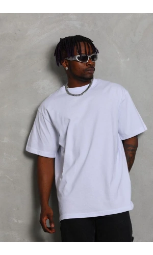 Unisex Oversize Düz Bisiklet Yaka T-Shirt - Beyaz