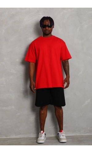 Unisex Oversize Düz Bisiklet Yaka T-Shirt - Kırmızı