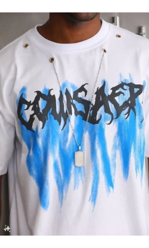 Unisex Oversize Kolye Dahil T-Shirt - Beyaz