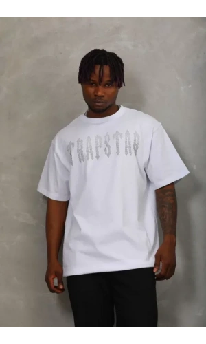 Unisex Oversize Taşlı Bisiklet Yaka T-Shirt - Beyaz