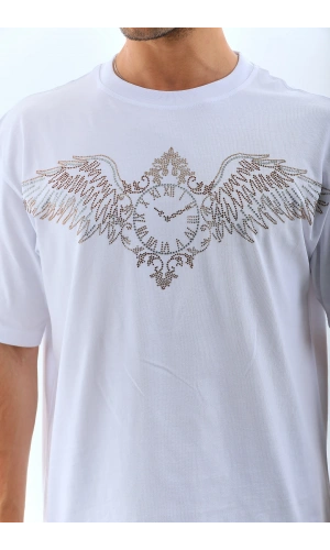 Unisex Oversize Taşlı Bisiklet Yaka T-Shirt - Beyaz