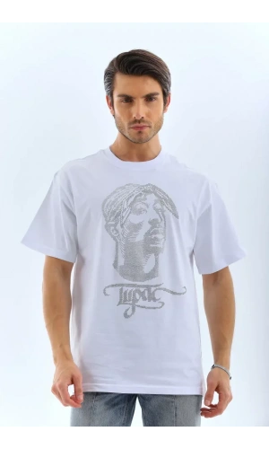 Unisex Oversize Taşlı Bisiklet Yaka T-Shirt - Beyaz