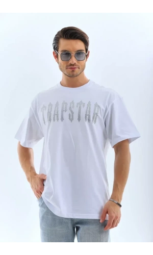 Unisex Oversize Taşlı Bisiklet Yaka T-Shirt - Beyaz