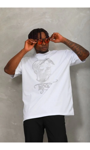 Unisex Oversize Taşlı Bisiklet Yaka T-Shirt - Beyaz