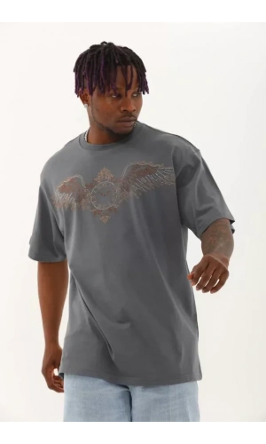 Unisex Oversize Taşlı Bisiklet Yaka T-Shirt - Füme