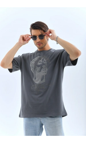 Unisex Oversize Taşlı Bisiklet Yaka T-Shirt - Füme