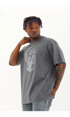 Unisex Oversize Taşlı Bisiklet Yaka T-Shirt - Füme