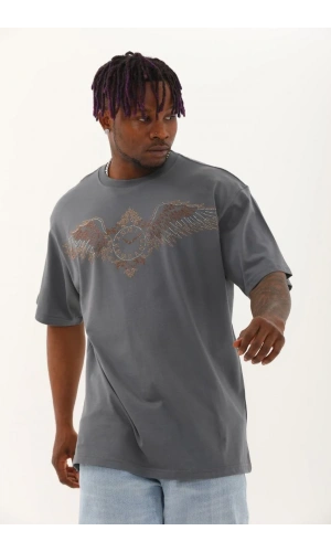 Unisex Oversize Taşlı Bisiklet Yaka T-Shirt - Füme