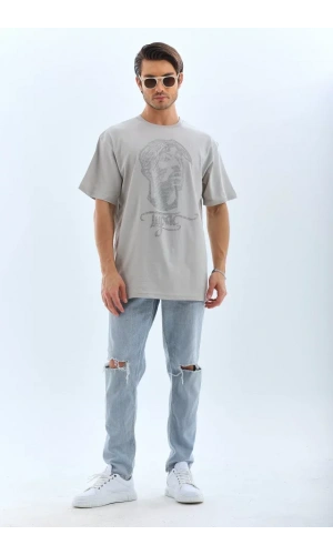 Unisex Oversize Taşlı Bisiklet Yaka T-Shirt - Gri