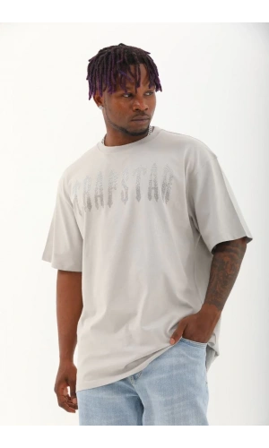 Unisex Oversize Taşlı Bisiklet Yaka T-Shirt - Gri