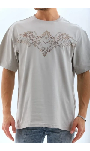 Unisex Oversize Taşlı Bisiklet Yaka T-Shirt - Gri