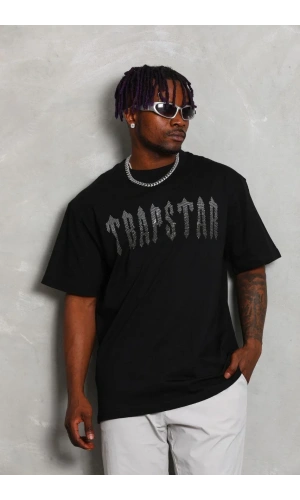 Unisex Oversize Taşlı Bisiklet Yaka T-Shirt - Siyah