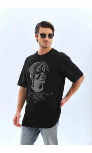 Unisex Oversize Taşlı Bisiklet Yaka T-Shirt - Siyah