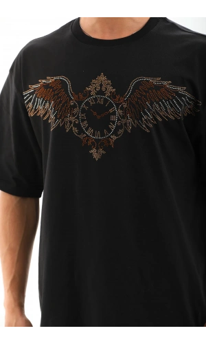 Unisex Oversize Taşlı Bisiklet Yaka T-Shirt - Siyah