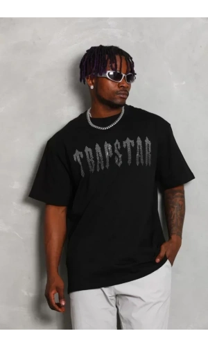 Unisex Oversize Taşlı Bisiklet Yaka T-Shirt - Siyah