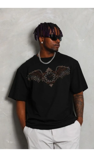 Unisex Oversize Taşlı Bisiklet Yaka T-Shirt - Siyah