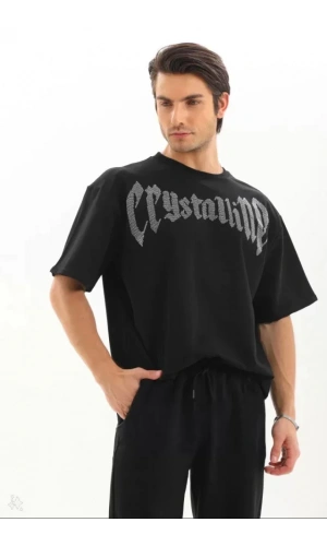 Unisex Oversize Taşlı T-Shirt - Siyah
