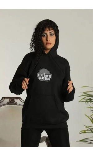Unisex Sırt Baskılı Kapüşonlu Üç İplik Oversize Sweatshirt - Siyah