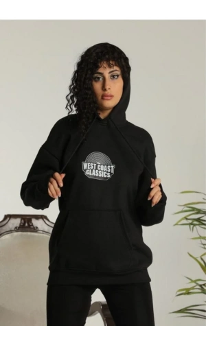 Unisex Sırt Baskılı Kapüşonlu Üç İplik Oversize Sweatshirt - Siyah
