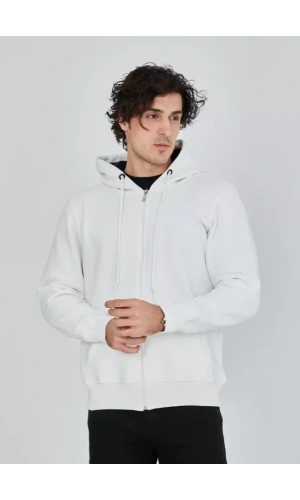 Unisex Tam Fermuarlı Kapşonlu  SweatShirt - Beyaz