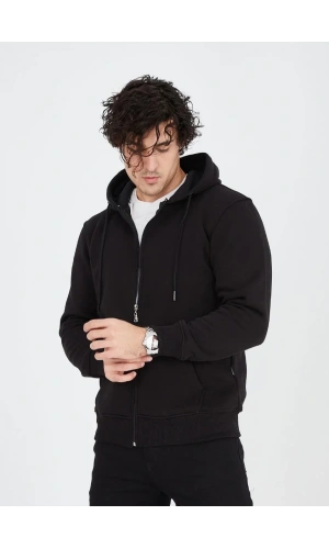 Unisex Tam Fermuarlı Kapşonlu  SweatShirt - Siyah