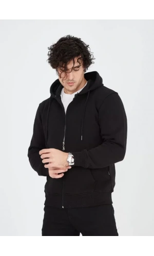 Unisex Tam Fermuarlı Kapşonlu  SweatShirt - Siyah