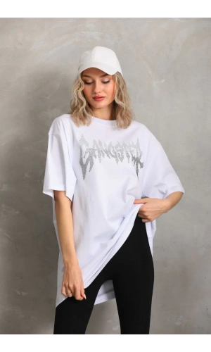 Unisex Taş Desenli Oversize T-Shirt - Beyaz