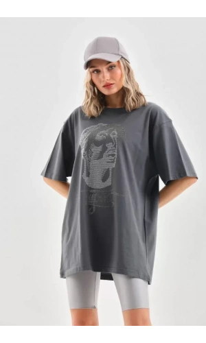 Unisex Taş Desenli Oversize T-Shirt - Füme