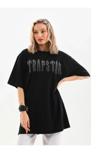 Unisex Taş Desenli Oversize T-Shirt - Siyah