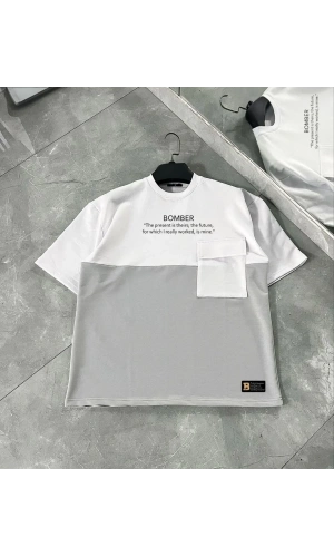 Unisex Torba Cep Detaylı  Parçalı T-Shirt - Gri