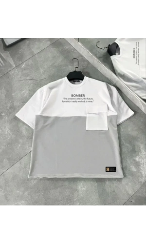 Unisex Torba Cep Detaylı  Parçalı T-Shirt - Gri